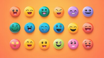 Collection of colorful cartoon emoji faces with different expressions on an orange background, vector illustration