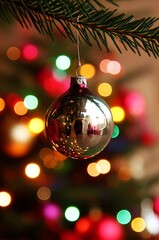 A vintage glass Christmas ornament, adorned with intricate details, gracefully hangs on a frosted pine branch, mirroring the warm, twinkling glow of festive tree lights.