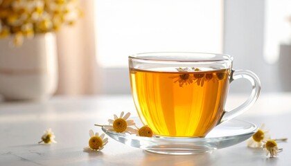 Chamomile Flower Tea in Clear Glass with Minimalist Background