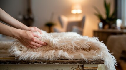 Soft, fluffy white faux fur throw being handled.