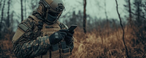A soldier checking his phone in a forest, demonstrating connectivity in the field.