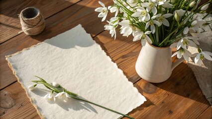 Handmade Paper Mockup on Wooden Table with White Field Flowers in Vase - 5