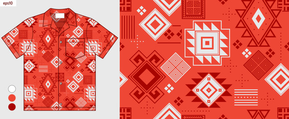 African tribal seamless geometric pattern, Hawaii Aloha summer fashion design, fabric print, clothing mockup, fashion branding, zigzag and square geometric style, not AI generated