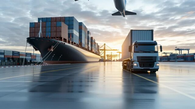 Container terminal: cargo vessel at berth, stacked containers, truck on the quay and aircraft above the port ; international maritime freight.