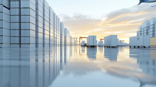 Modern logistics center: rows of warehouses and freight trucks, with a plane taking off overhead and wet pavement reflections &mdash; transport and distribution network.

