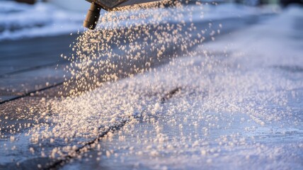 Winter road maintenance with ice melt granules.