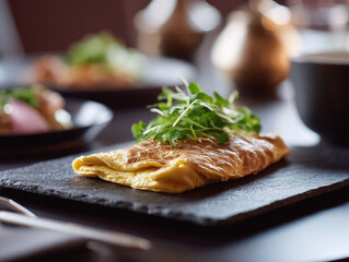 Delicious golden omelet topped with fresh greens, served on a textured slate plate. A classy, culinary image suitable for restaurant menus, food blogs or ads.