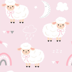 Seamless pattern with cute sheep, moon, star, rainbow and cloud for your fabric, children textile, apparel, nursery decoration, gift wrap paper, pajamas. Vector illustration	