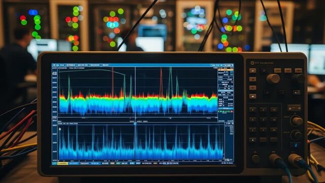 General Business & Technology High-Tech Spectrum Analyzer Display in a Control Room Environment
