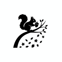 Vector art of silhouette of a squirrel holding an acorn on a branch with falling leaves vector illustration of a rodent
