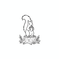 Vector art of line art of a squirrel holding an acorn on a tree stump vector illustration of a cute rodent