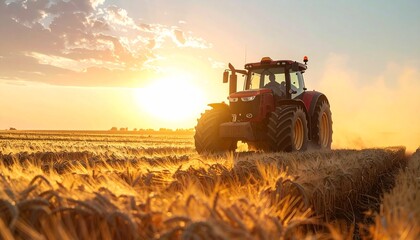 Fototapeta premium tractor plowing a golden wheat field at sunrise, dust rising 