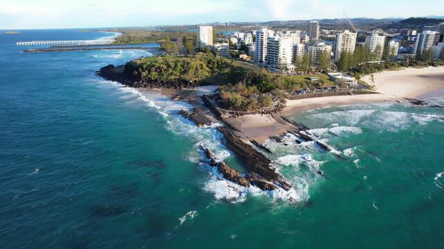 Snapper Rocks Tourist Attraction On Rainbow Bay In Coolangatta, Gold Coast, Australia. Aerial Pullback Shot
