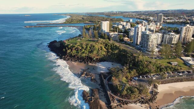 Fly Over Snapper Rocks And Point Danger Rocky Headland In Tweed Terrace, Coolangatta, Queensland, Australia. Aerial Drone Shot