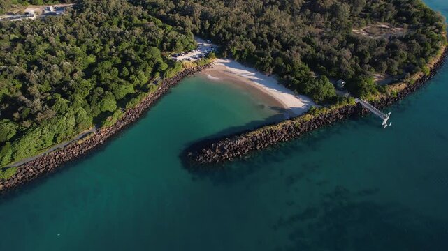 Marlo's Beach Near The Tweed River Entrance In New South Wales, Australia. Aerial Ascending Shot