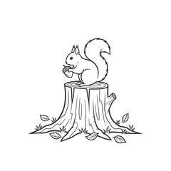 Vector art of squirrel on a stump with an acorn hand drawn line art illustration of a cute animal in a forest setting
