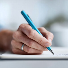 Closeup on a hand writing on paper with a stylish blue pen. Illustrates creativity, focus, and productivity. Perfect for articles about writing, ideas, and planning.
