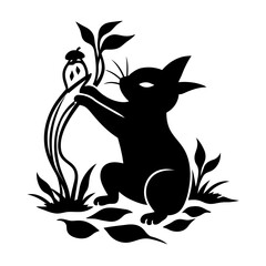 Vector art of black silhouette of a rabbit with a carrot minimalist illustration of a cute animal in a garden setting