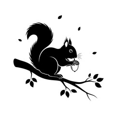 Vector art of a squirrel sitting on a branch eating an acorn hand drawn vector illustration in silhouette style © PureVectorArts