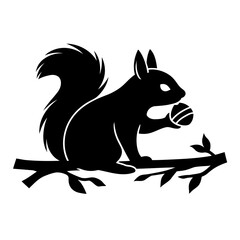 Vector art of silhouette of a squirrel sitting on a branch and holding a nut, the squirrel has pointy ears