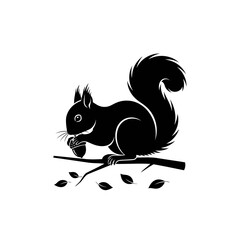 Vector art of silhouette of a squirrel sitting on a branch and holding a nut, the squirrel has a bushy tail