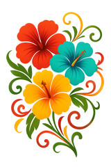 Vibrant hibiscus floral arrangement with swirling greenery and red accents on a dark canvas transparent background