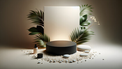 A 3D marble stone podium in a spa still life with bamboo and green leaves, set in a tropical summer landscape featuring sunshine, sand, and palm trees.