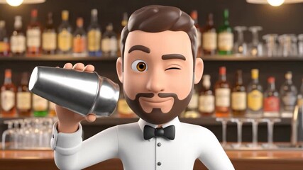 Cartoon Bartender Shaking a Cocktail Shaker at a Bar With a Smile