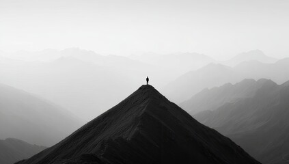 A solitary figure stands atop a peak, silhouetted against a misty mountain range