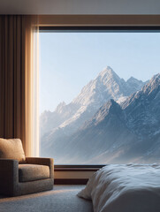 Inviting hotel room with mountain views. Serene landscape. Concept for travel, relaxation, escape, luxury, comfort, and mindfulness. Interior design element.