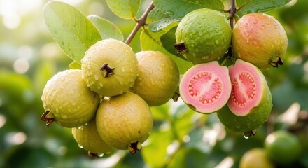A close up of ripe guava fruit on a branch with water droplets highlighting freshness and natural