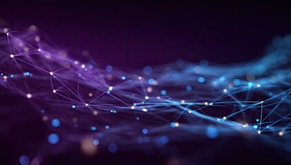 Abstract network of interconnected points and lines in purple and blue hues against a dark background