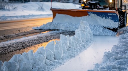 Snowy road edge, cleared by a plow, at twilight.