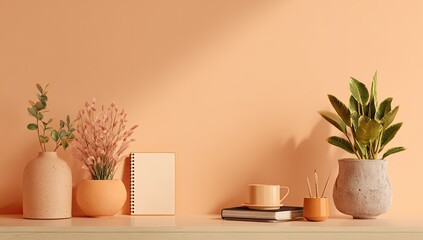 Warm, minimalist shelf display with plants, notebook, and cup