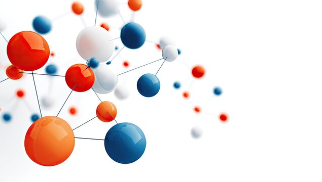 Abstract molecular structure.  Colorful spheres connected by lines against a white background.  A dynamic, three-dimensional display of interconnected elements