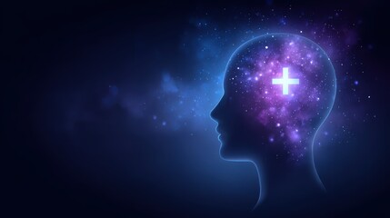 A side profile of a glowing human head silhouette with a bright plus sign inside, symbolizing the power and positivity of attraction.