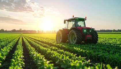 Tractor equipped with GPS and smart sensors working on a green field 