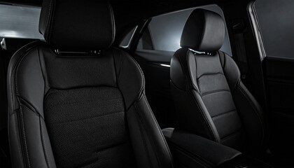 Car Interior in Monochrome: A modern car interior showcases sleek black seats, exuding sophistication, comfort, and a minimalist design. Perfect for automotive or design-related projects.