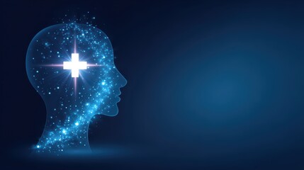 Obraz premium A side profile of a glowing human head silhouette with a bright plus sign inside, symbolizing the power and positivity of attraction.