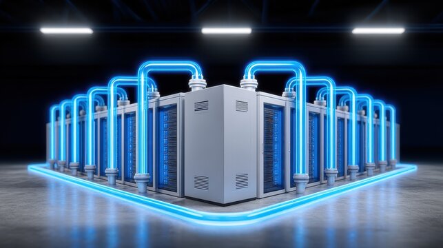 Data centers and the use of large amounts of water for cooling. Modern technology and AI with high energy consumption.