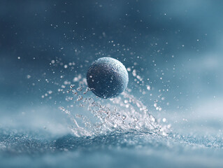A textured sphere impacts water, creating dynamic splashes and droplets against a blurred blue background. Evokes freshness, movement, and scientific concepts. Ideal for ads or abstract visuals.