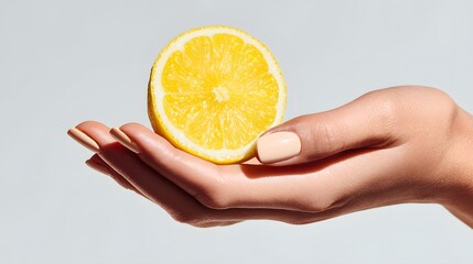 Artistic Macro Shot of a Woman's Delicate Hand Presenting a Bright Lemon Wedge on a Pristine White Surface Symbolizing Vitality and Nutritious Eating