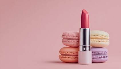 A stack of pastel-colored macarons, with a pinkish-red lipstick tube positioned atop them, on a soft pink background