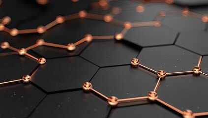 Copper-toned lines connect dark hexagonal panels