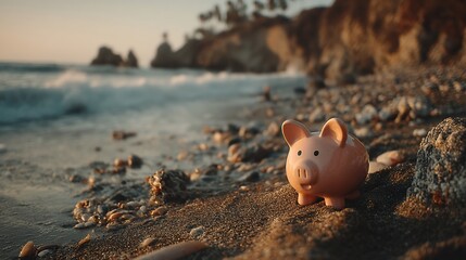 Pink piggy bank on a sandy beach by the ocean