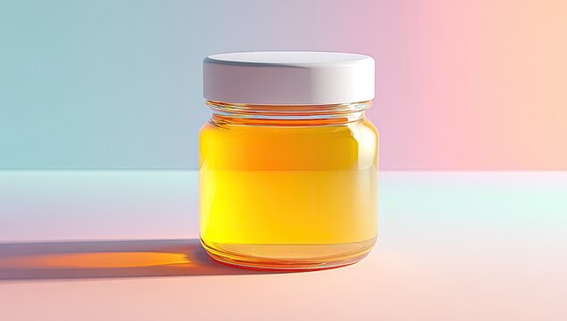 A clear glass jar filled with golden liquid, a white lid, on a pastel background - Powered by Adobe