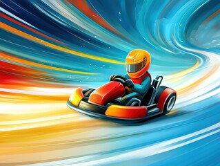 An animated character races in a colorful go-kart through a vibrant swirl of colors.