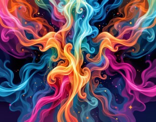 Fototapeta premium The image features a vibrant display of swirling, colorful tendrils that resemble smoke or flowing ribbons against a dark background