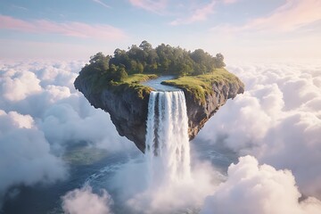 Floating island with waterfall pouring into the sky, surreal composition and soft lighting