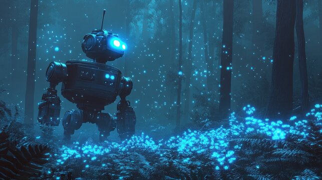 Robot in a glowing, mystical forest at night